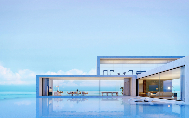 Modern luxury pool villa with sea view background